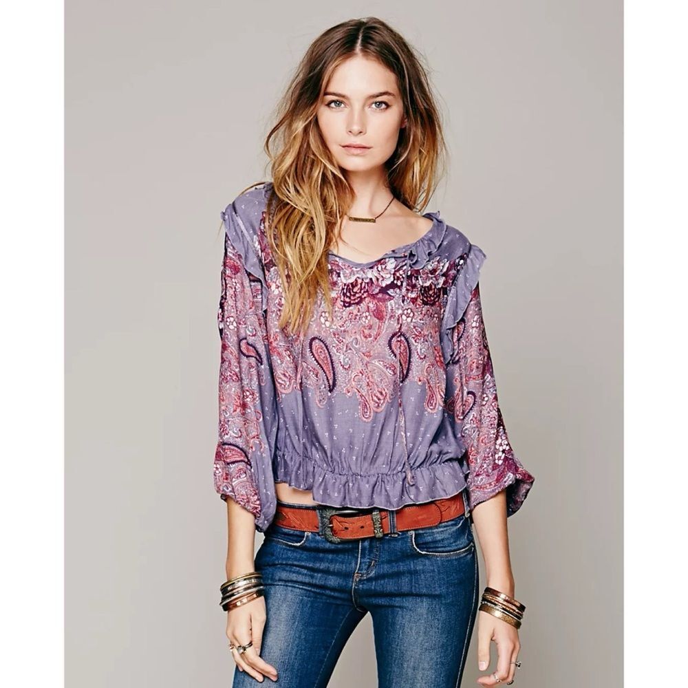 FREE PEOPLE Radar Print Paisley Boho Ruffle Flowy Top Blouse Size Small
